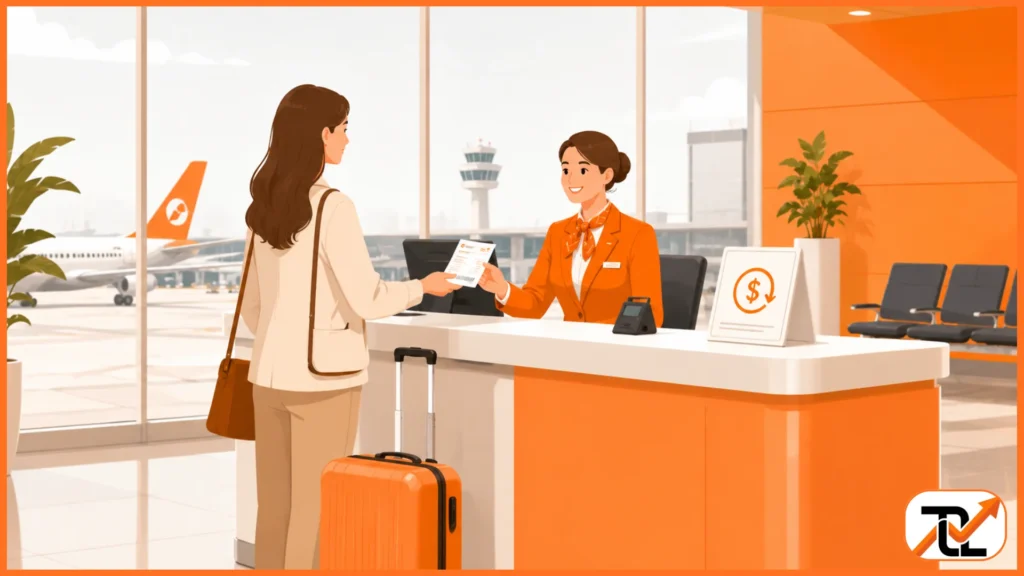Airport counter with light orange and white colors