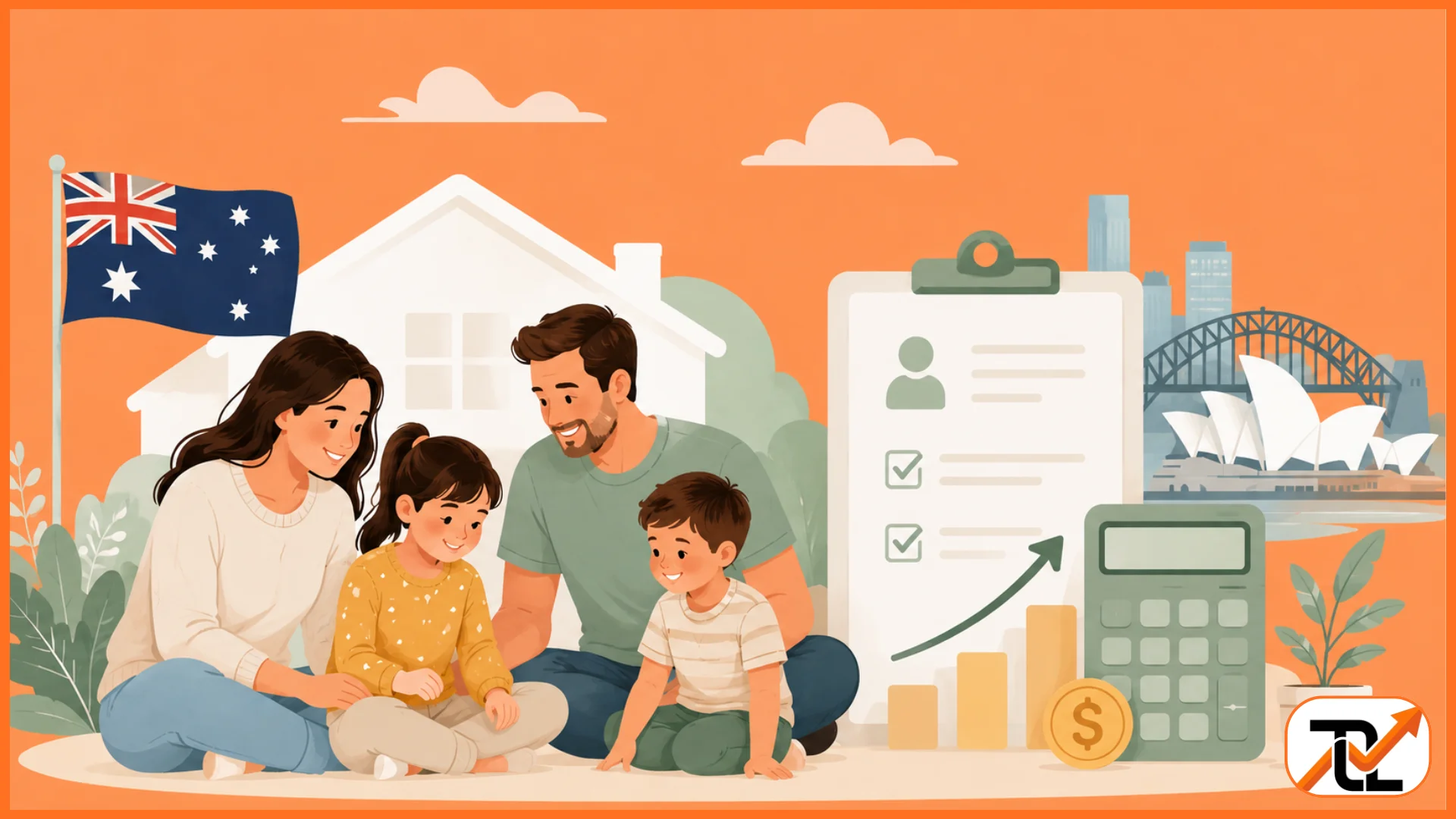 Family tax benefit graphic with an Australian family, home icon, and financial planning elements