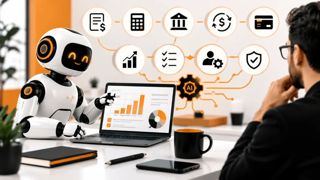 AI robot and finance professional collaborating on automated financial workflows with digital charts and finance icons.