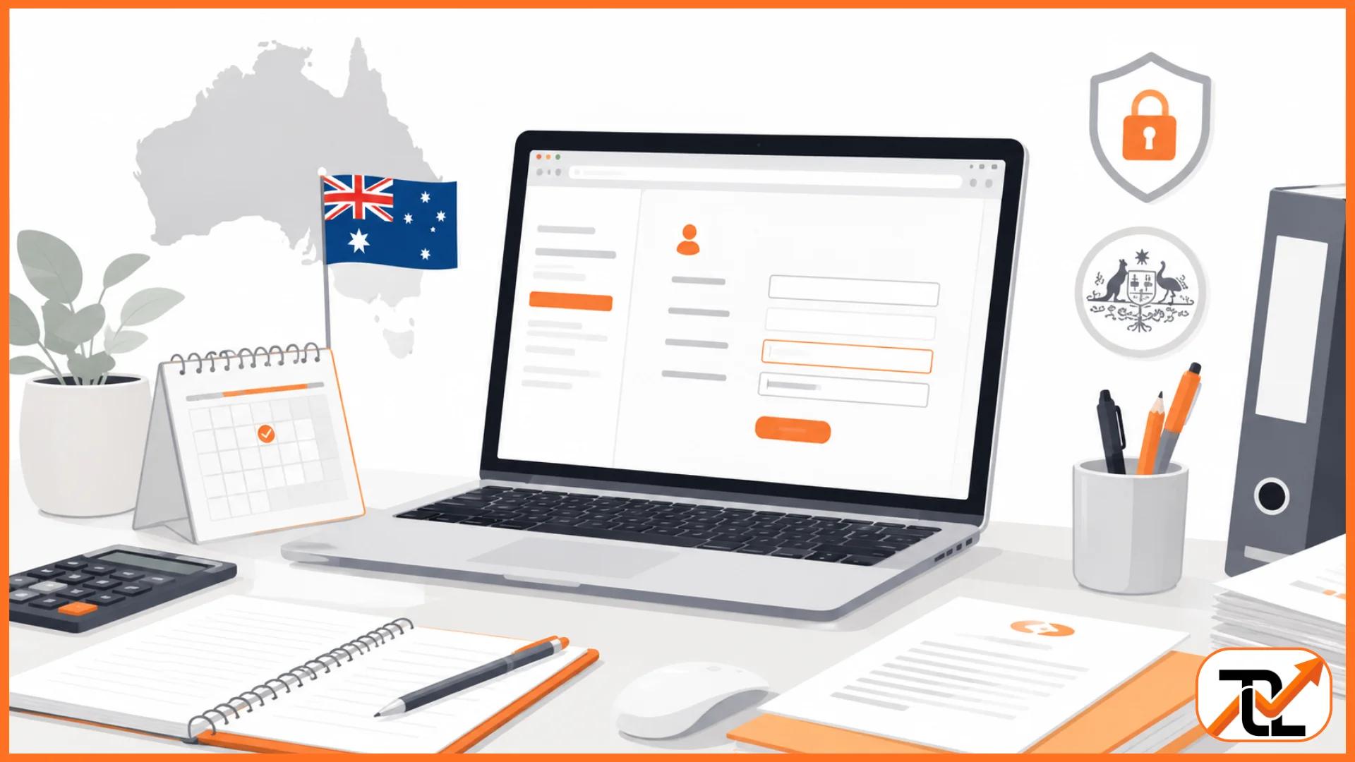 Australian tax-themed vector workspace with a laptop, documents, calculator, and security icons on a white background with orange accents.