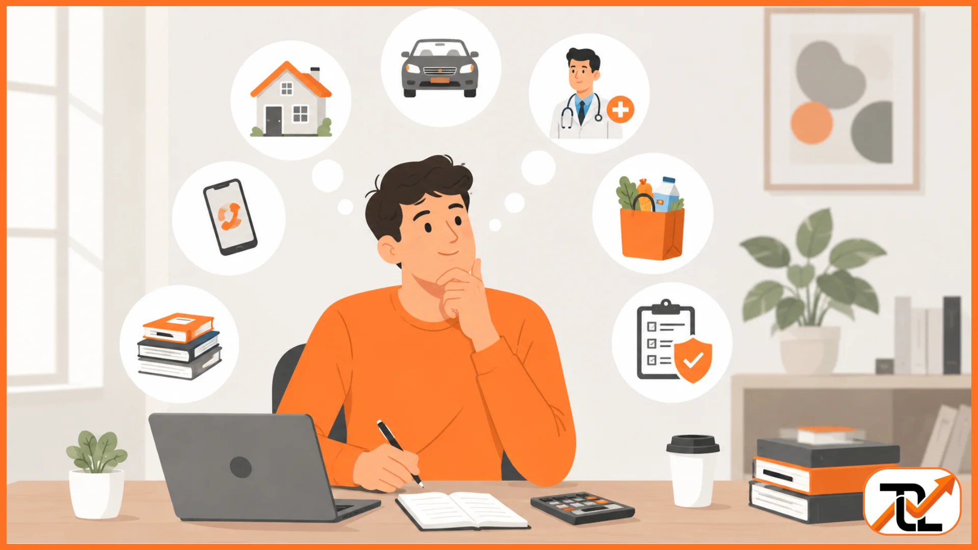 An illustration of a man sitting at a desk planning his budget, surrounded by icons representing major life expenses such as housing, healthcare, groceries, and education.
