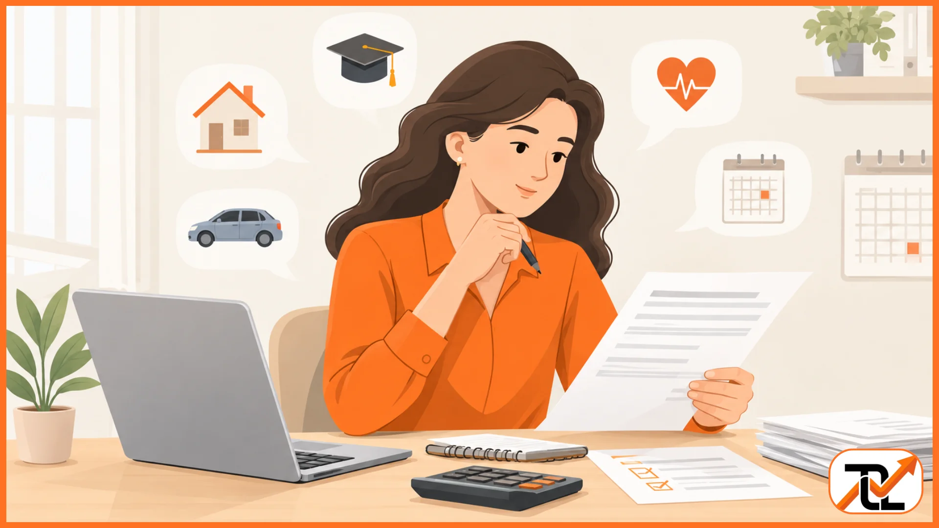 Woman reviewing tax documents at a desk with a laptop, calculator, and tax-related icons in a clean vector illustration