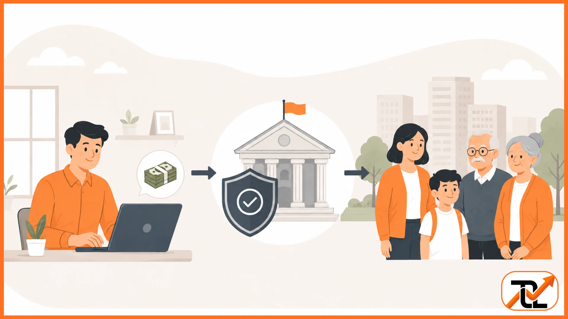 Illustration showing money sent from a working man via a government institution with a shield to a family and elderly couple
