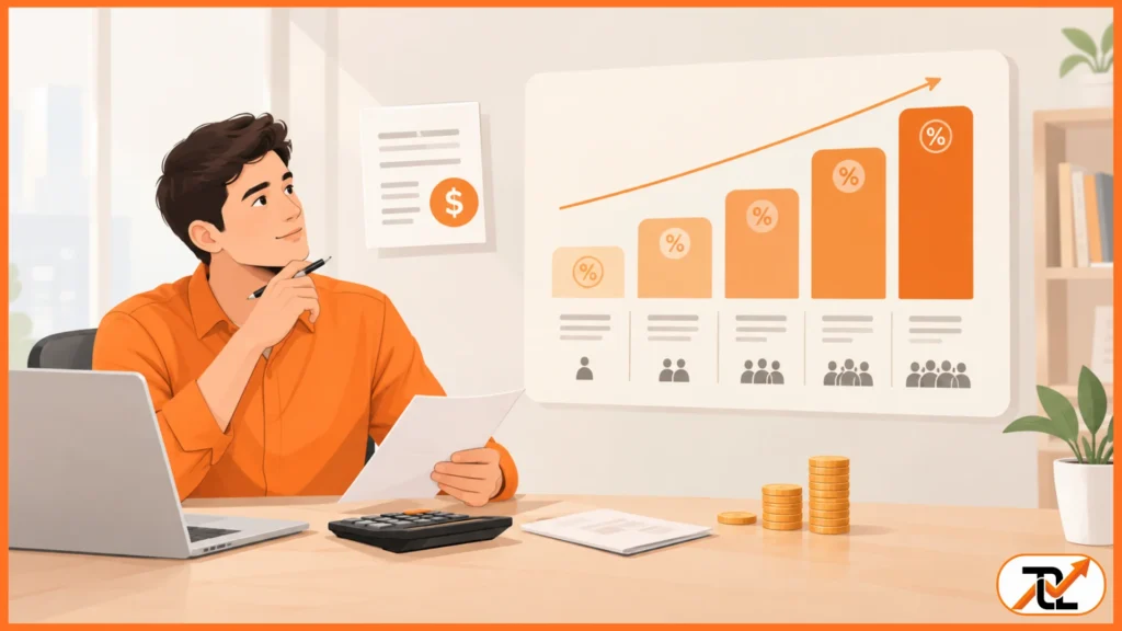 Man reviewing a percentage chart to calculate Australian tax brackets 2024 and tax rate changes through 2026.