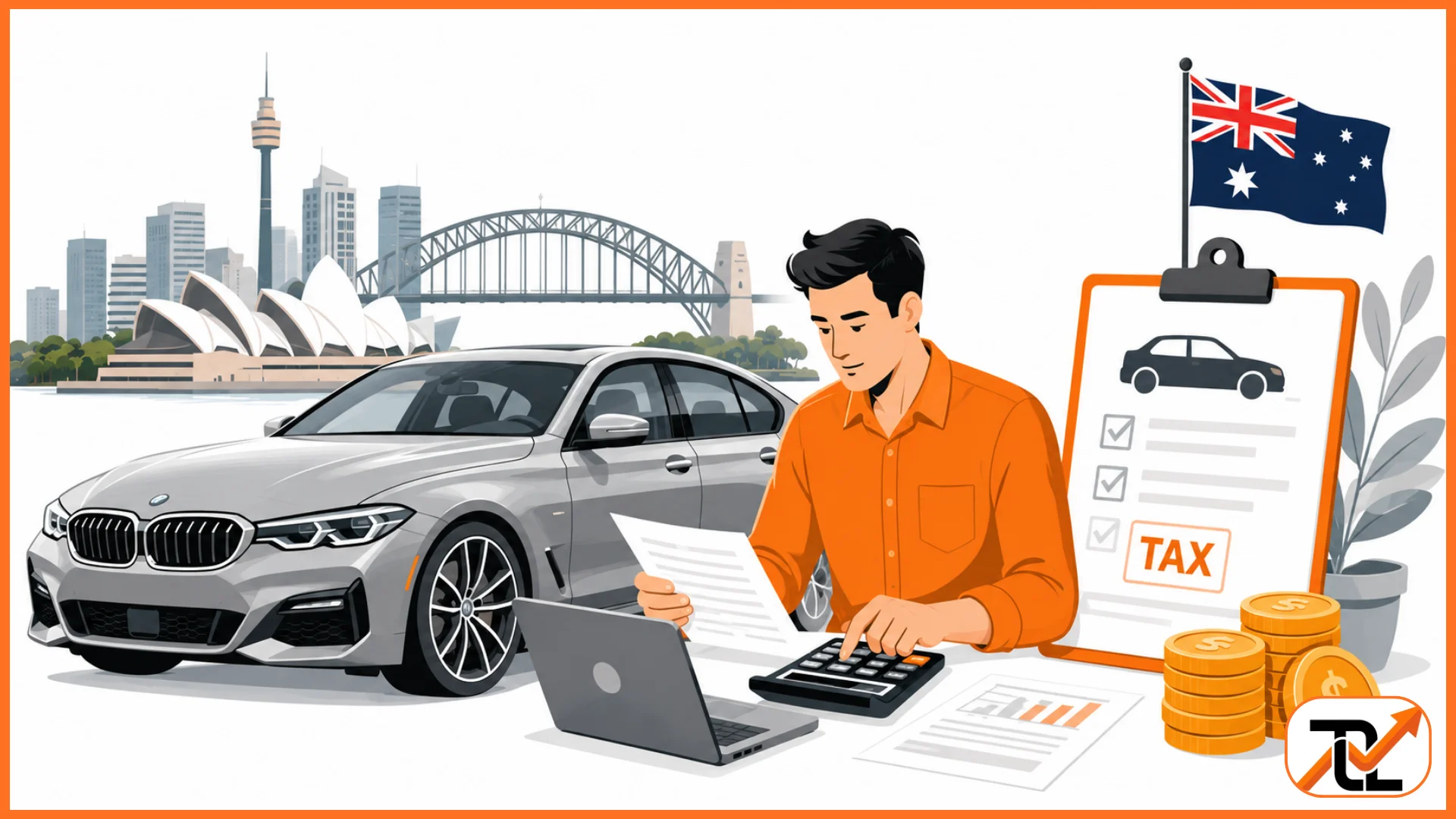 Illustration of a man calculating car taxes next to a sedan, gold coins, clipboard, and the Sydney skyline in Australia