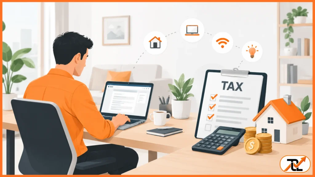 Man using laptop for work from home tax deduction beside a TAX checklist, calculator, small house model, coins, and home icons