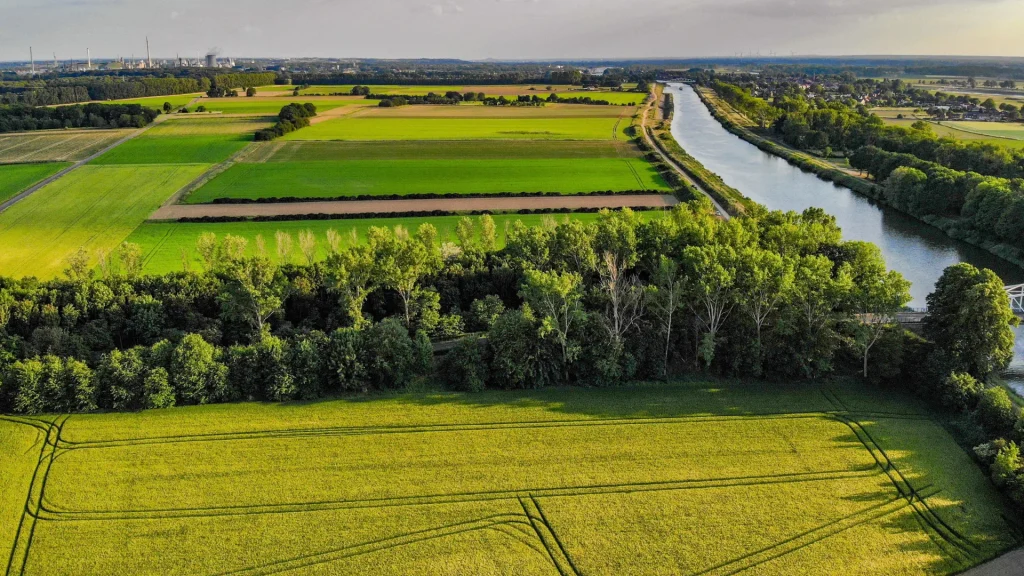 Aerial view of vibrant green agricultural fields, lush tree lines, and a long river canal stretching into the horizon
