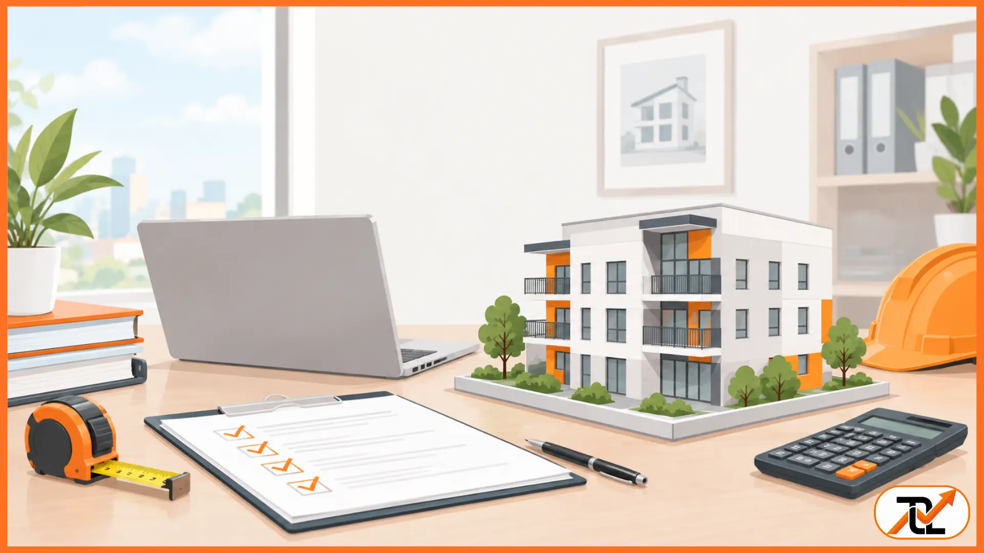 A modern architectural building model sits on a desk with a calculator, clipboard, and measuring tape for bmt tax depreciation