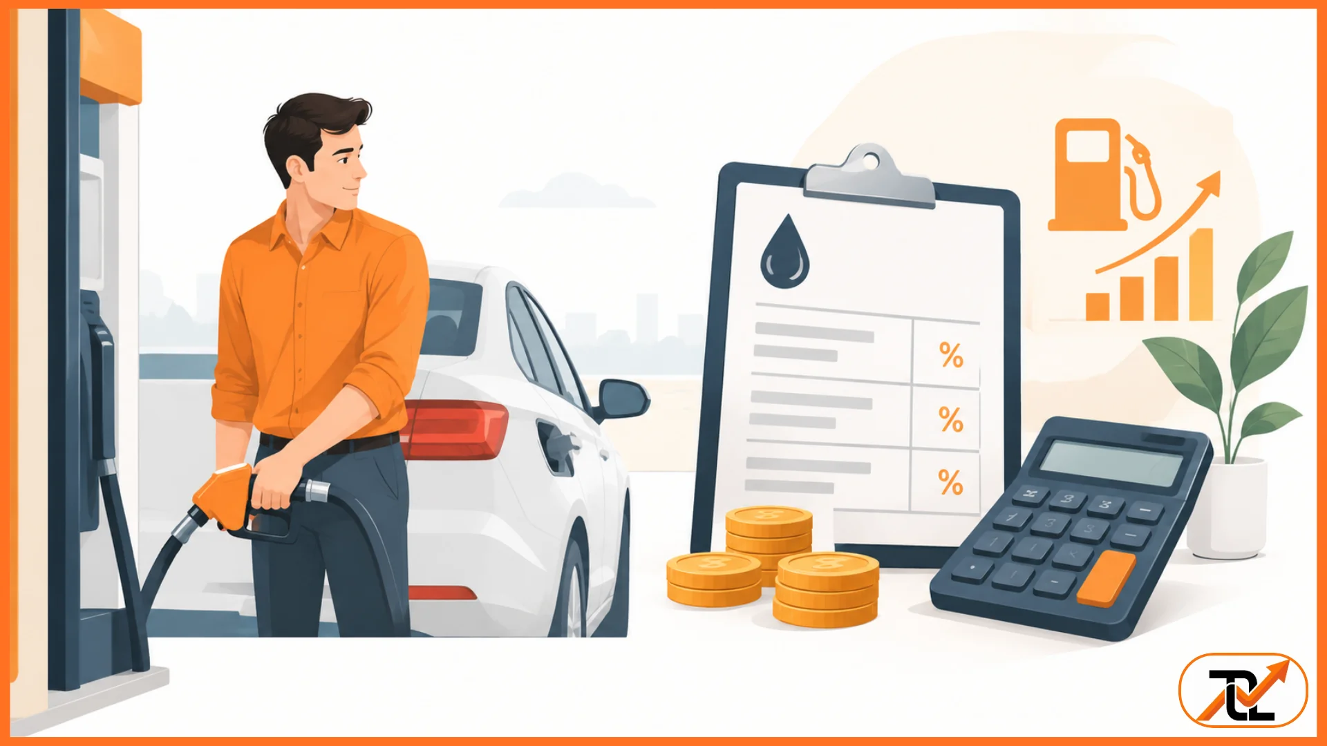 A man is refueling a white car while comparing the fuel tax credit rates on a large invoice, calculator, and gold coins