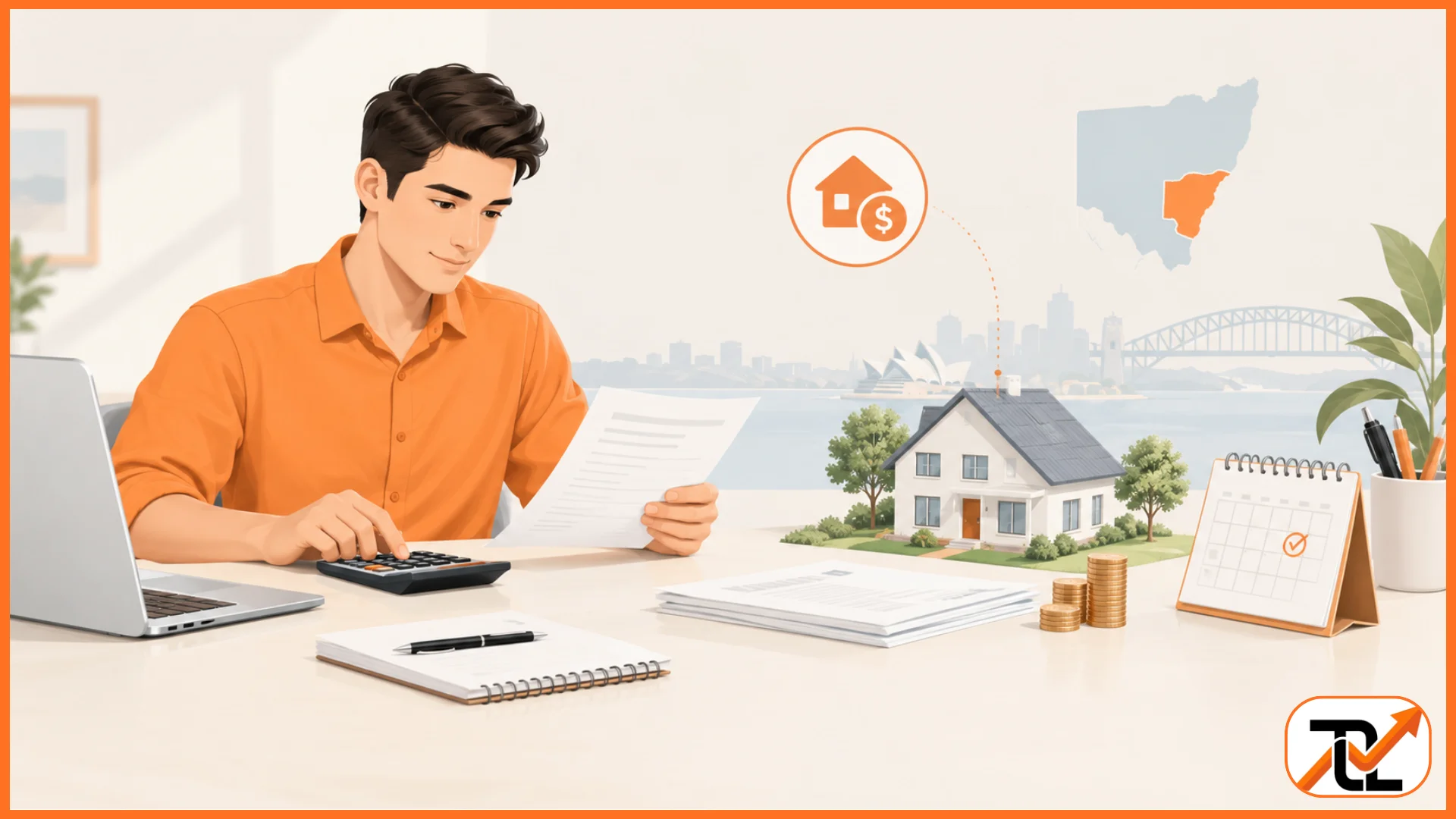 A man calculates land tax NSW obligations with a house model, calculator, and Sydney skyline map in the background