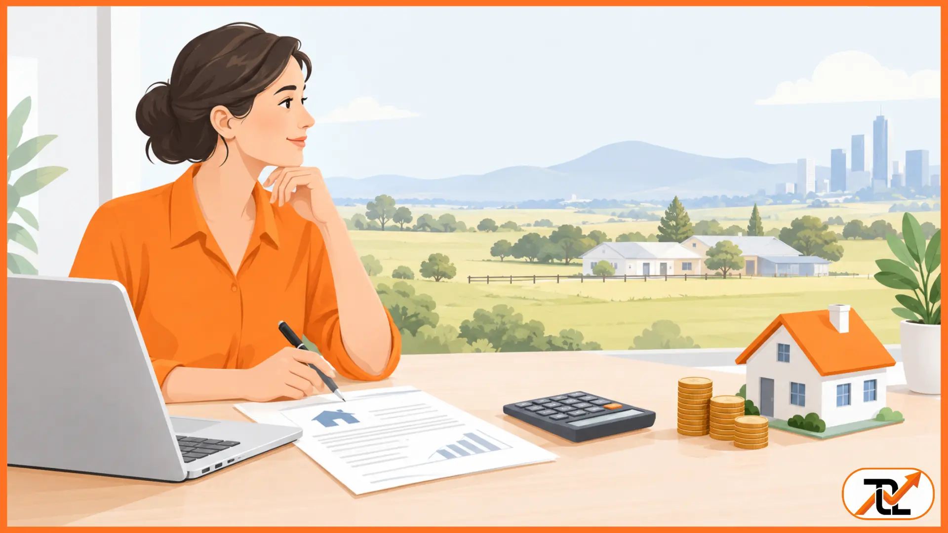 A woman in an orange shirt calculates the costs of property, considering potential land tax qld implications for rural land