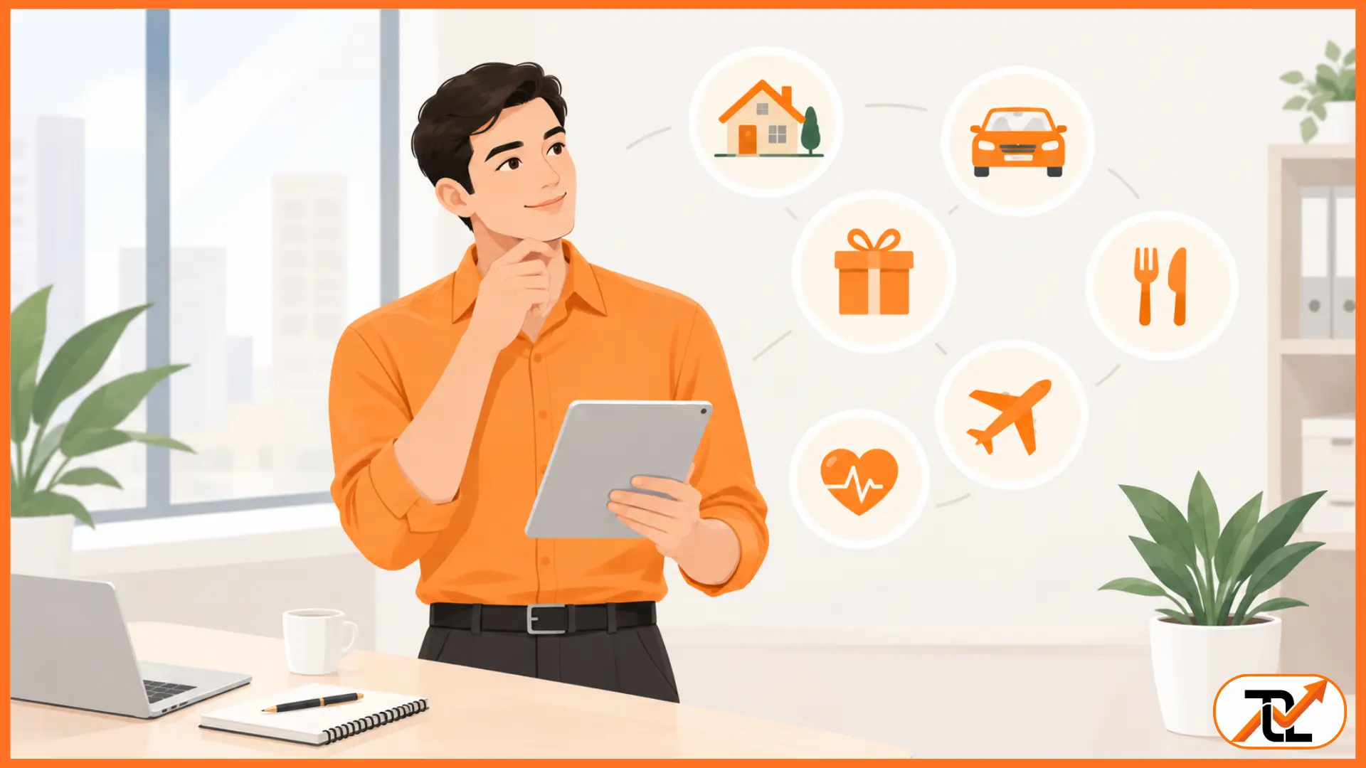 A man in an orange shirt holds a tablet with employee perks floating around him while planning fringe benefits tax calculations