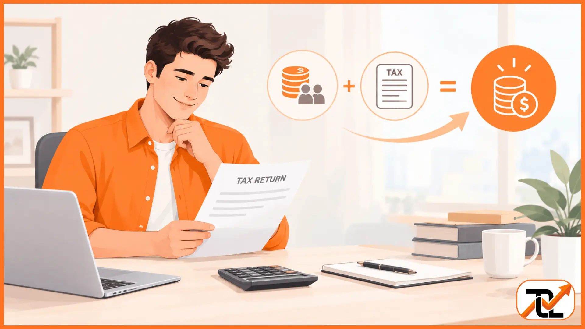 Man reviewing tax return with a graphic illustration showing how to calculate the low and middle income tax offset for a refund