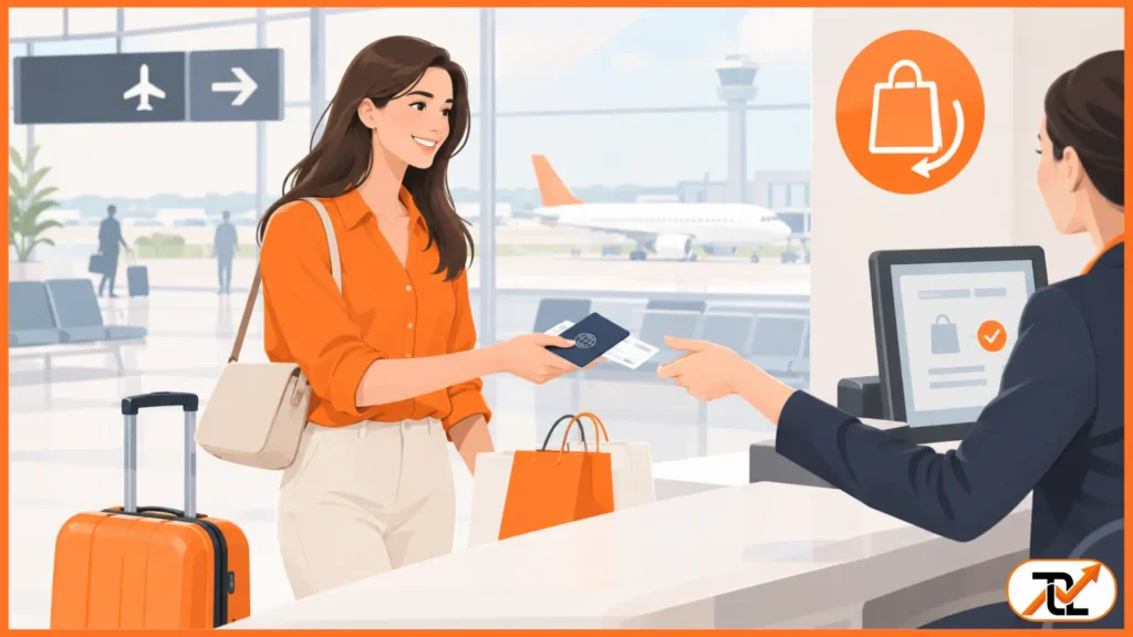 A traveler handles documents at an airport counter, managing purchases for a perth airport tax refund before her flight departs