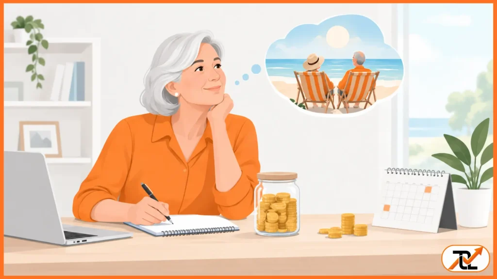 A senior woman in an orange shirt plans her retirement budget, thinking about the beach and checking if she has reached preservation age