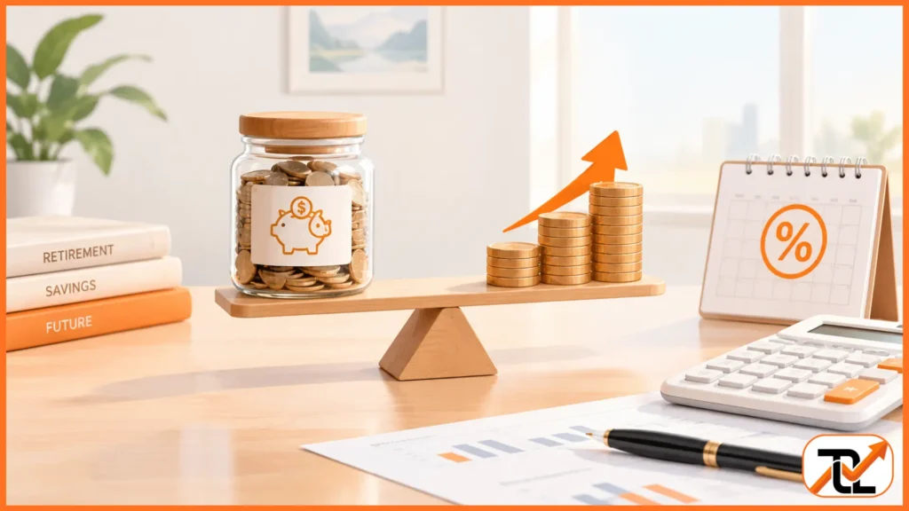 A savings jar balanced on a seesaw with rising coins and a percentage calendar, representing super contributions tax growth