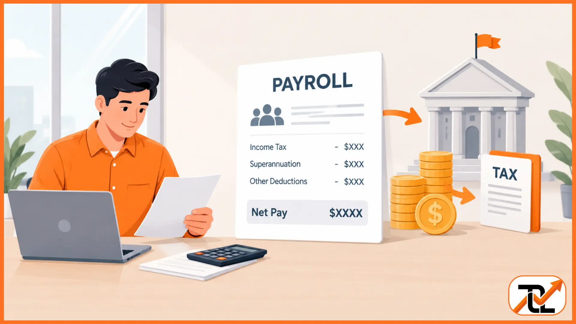 A man reviews a document explaining what is payroll tax alongside a payroll breakdown, tax forms, coins, and a laptop